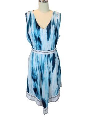 SOMA Teal Abstract Belted Asymmetric Jersey Knit Dress Size L Coastal Preppy